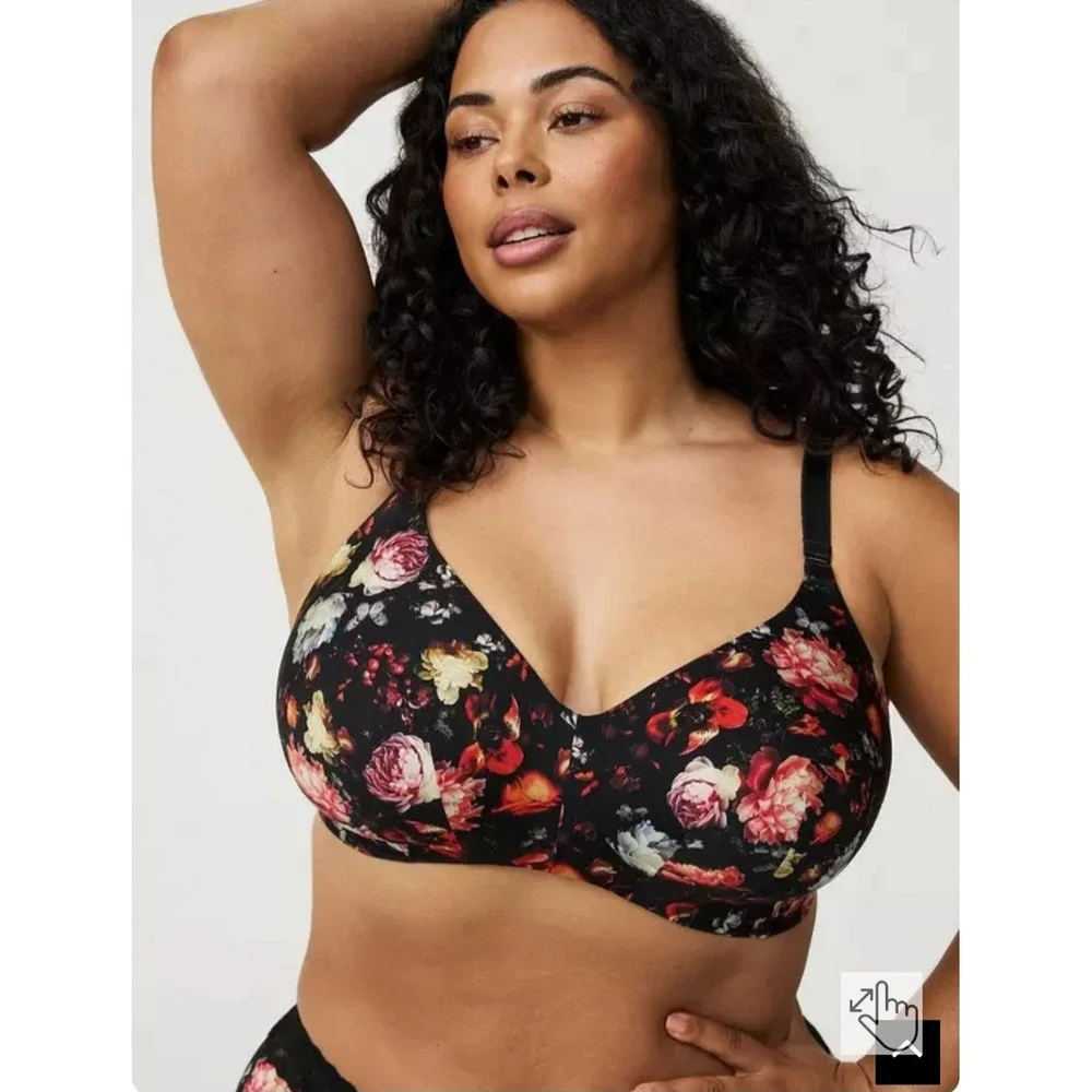 Torrid Dream Wire Free Lightly Lined Microfiber Bra Black Popery Floral 38DD